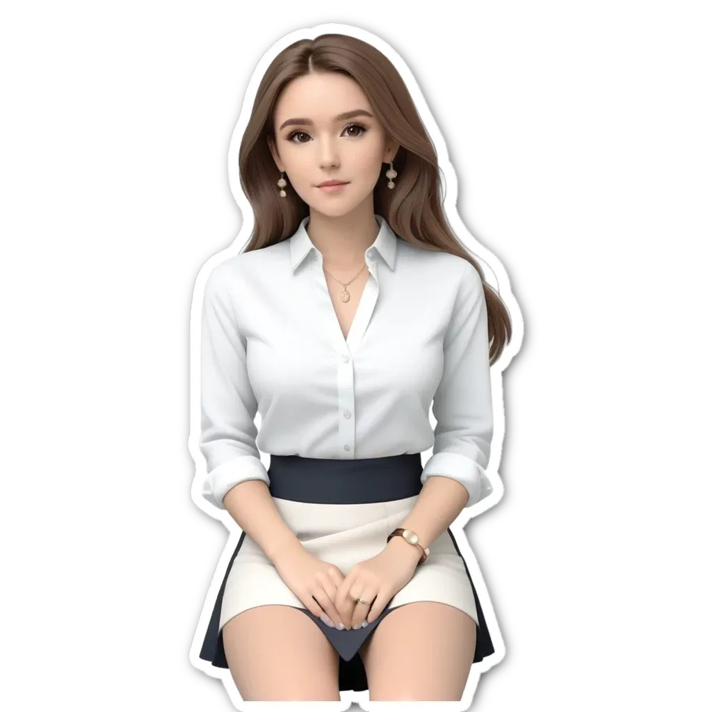 A women wearing a white shirt and black skirt is sitting down.