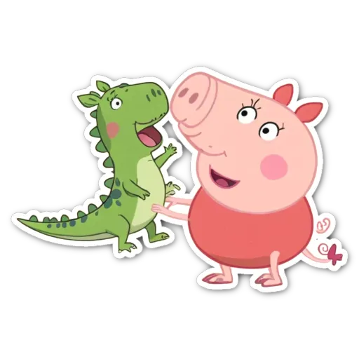 A sticker of two animals, a pig and a dinosaur, that are friends.