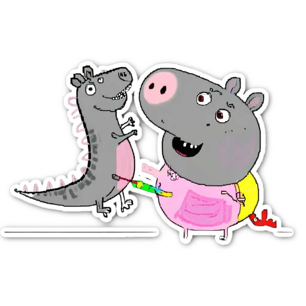 A drawing of two animals, a pig and a dinosaur, stick together.