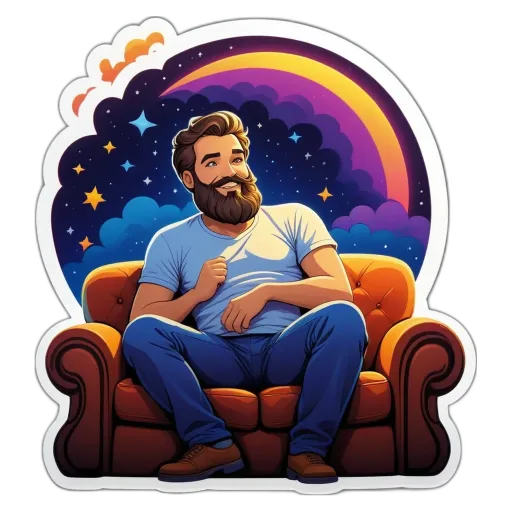 A man with a beard and white shirt sitting on a couch.