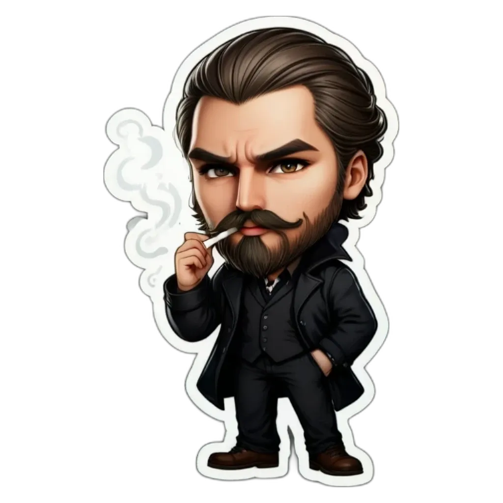 A man with a mustache and a black suit is smoking a cigarette.