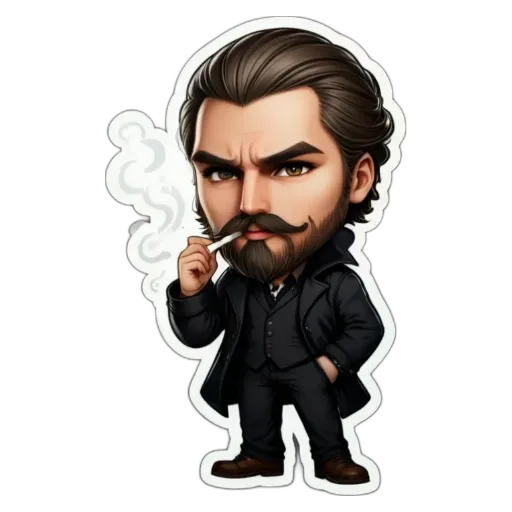 A man with a mustache and a black suit is smoking a cigarette.