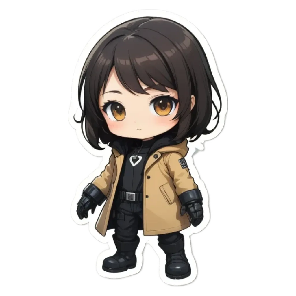 A black and white anime character wearing a tan coat.