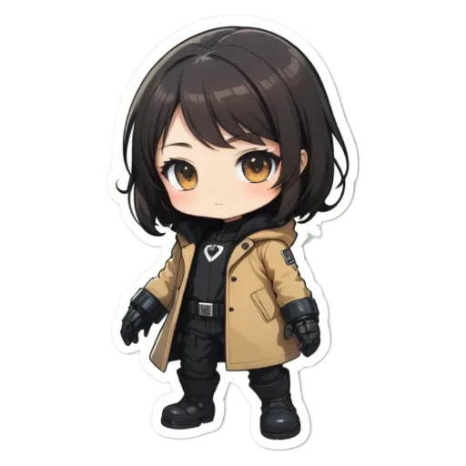 A black and white anime character wearing a tan coat.
