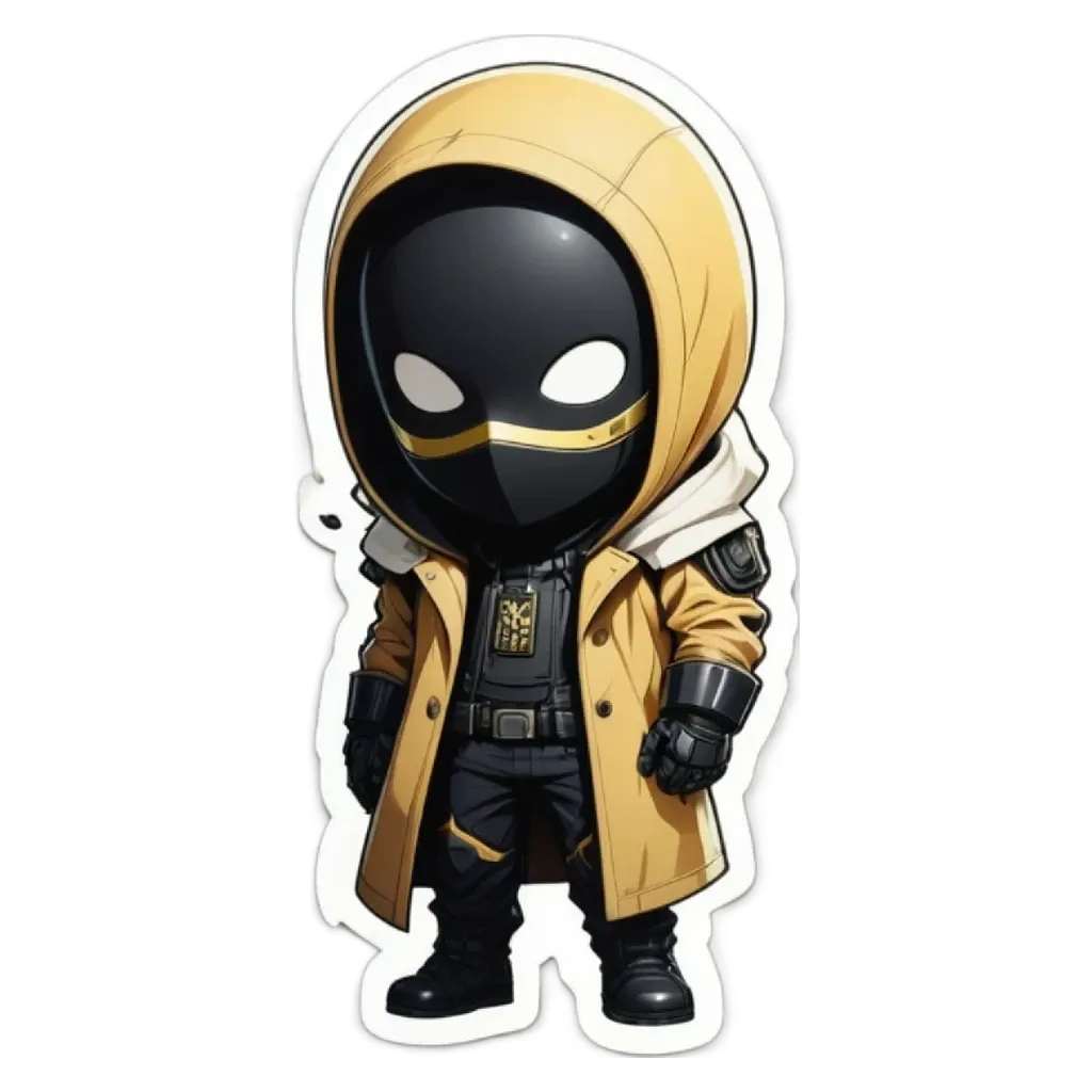 A cartoon depiction of a person with a mask and yellow clothing.