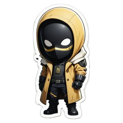 A cartoon depiction of a person with a mask and yellow clothing.