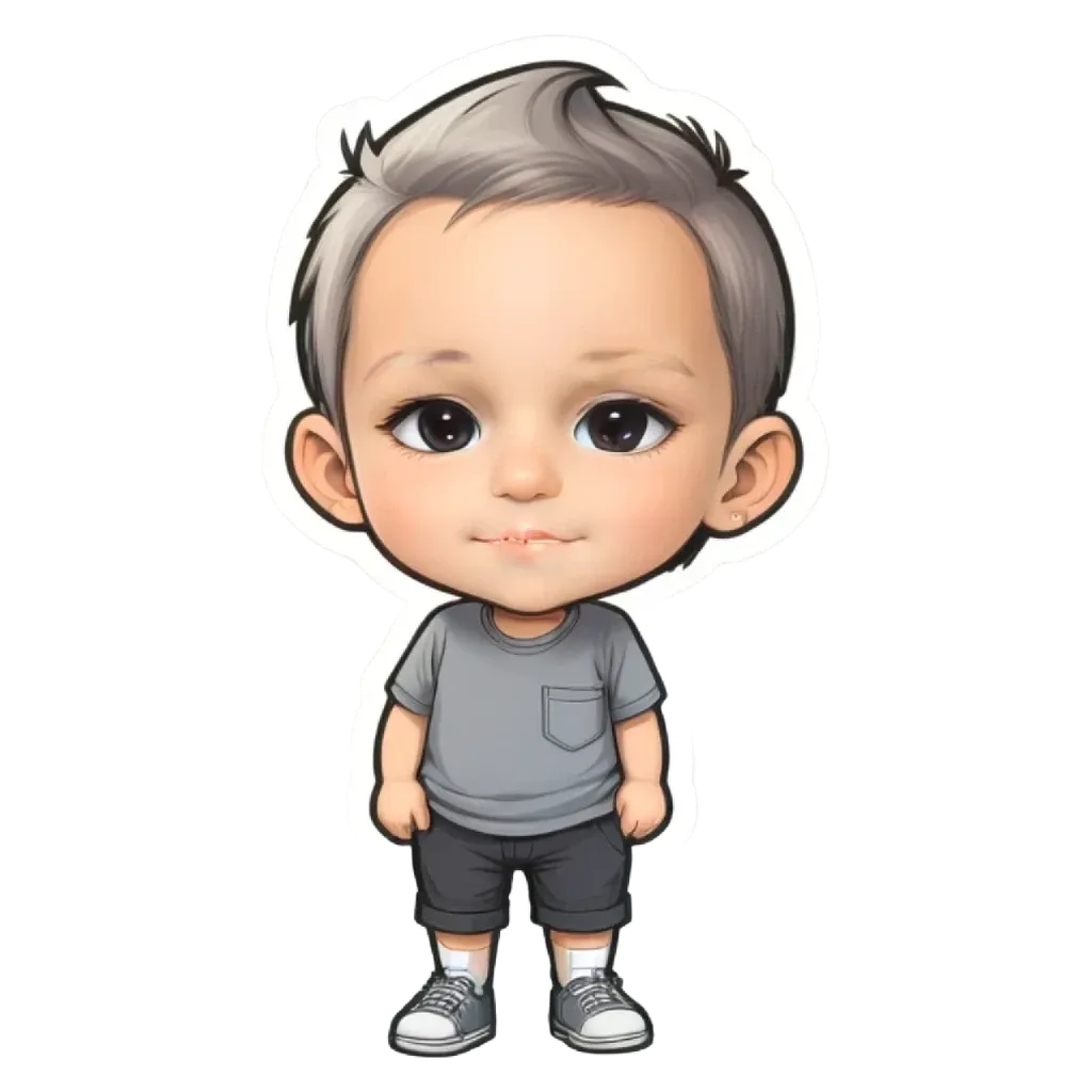 A sticker of a boy with grey hair.