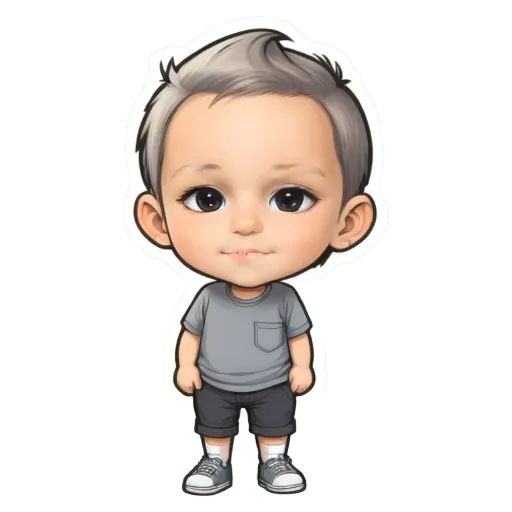 A sticker of a boy with grey hair.