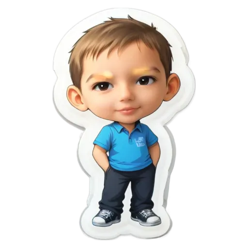 A boy that has a blue shirt on and is standing with his hands in his pockets.