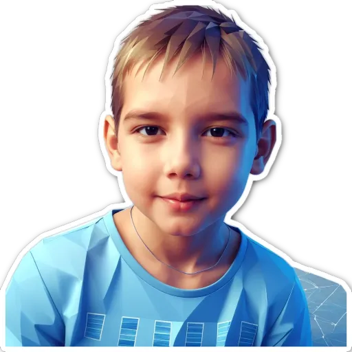 A boy with a blue shirt and blue hair.