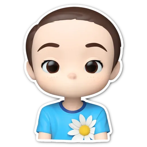 A boy with a blue shirt and a flower on his shirt.