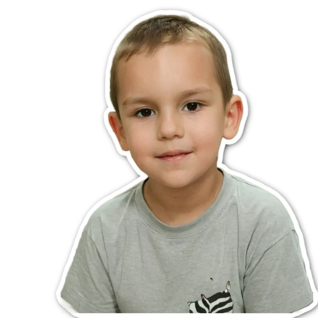 A boy with a grey shirt and zebra print on the side.