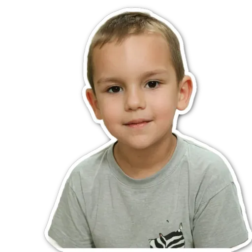 A boy with a grey shirt and zebra print on the side.