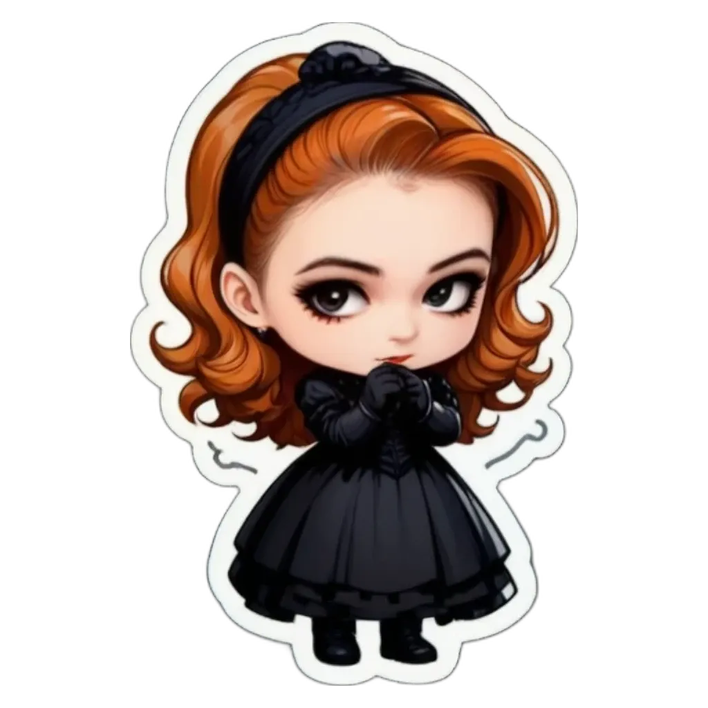 A girl with red hair and dressed in black.