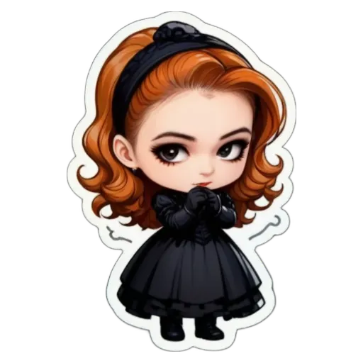A girl with red hair and dressed in black.