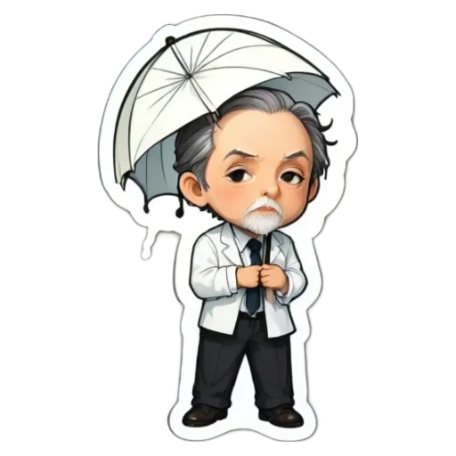 a cartoon character holding an umbrella is in a black and white color.