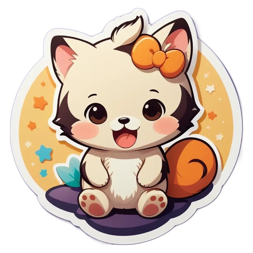 A cartoon cat with a bow is in the center of a circle.
