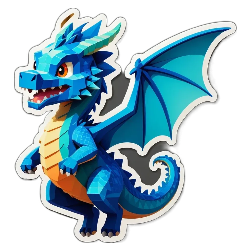 A blue and orange dragon sticker is on a black background.