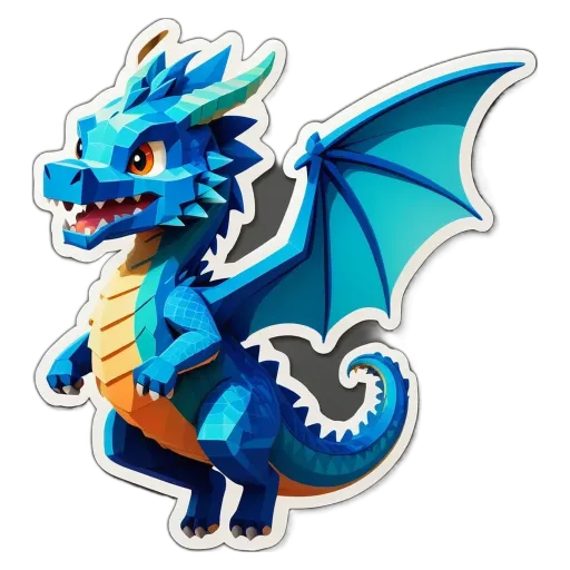 A blue and orange dragon sticker is on a black background.