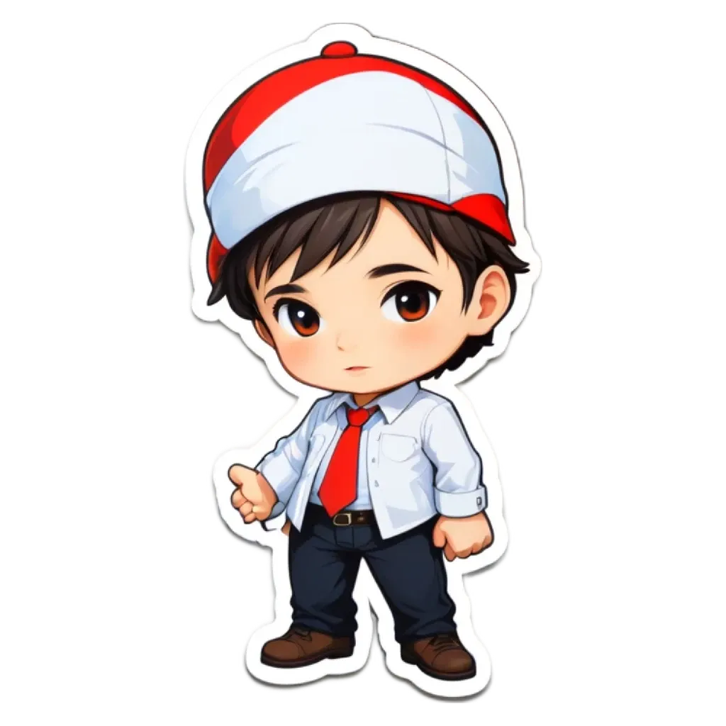 A boy is wearing a white shirt and a red and white hat.