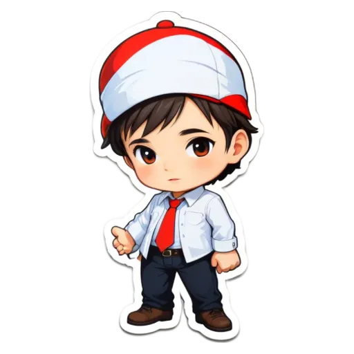 A boy is wearing a white shirt and a red and white hat.