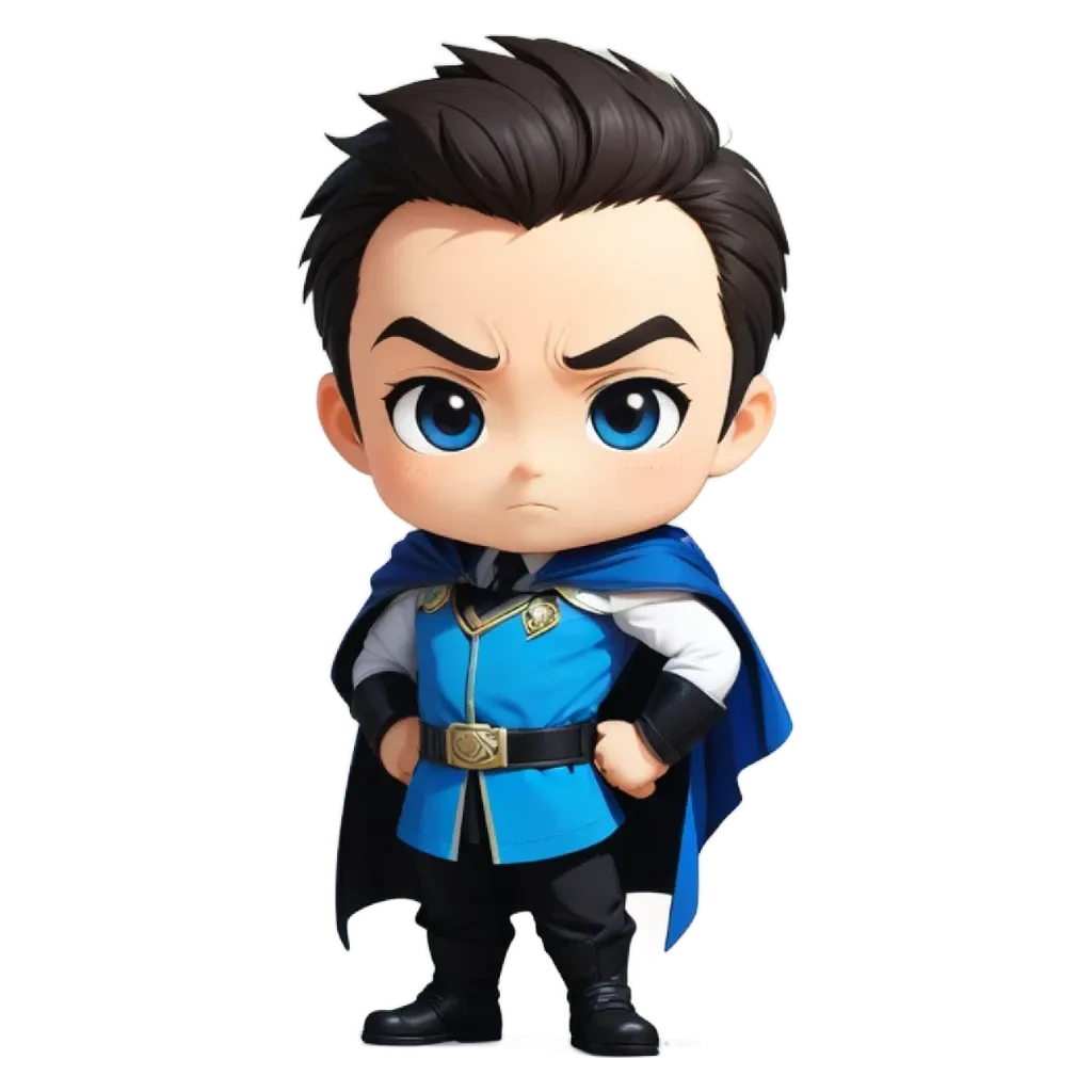 A boy is wearing a blue and white costume with a black belt.