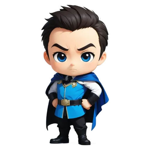 A boy is wearing a blue and white costume with a black belt.