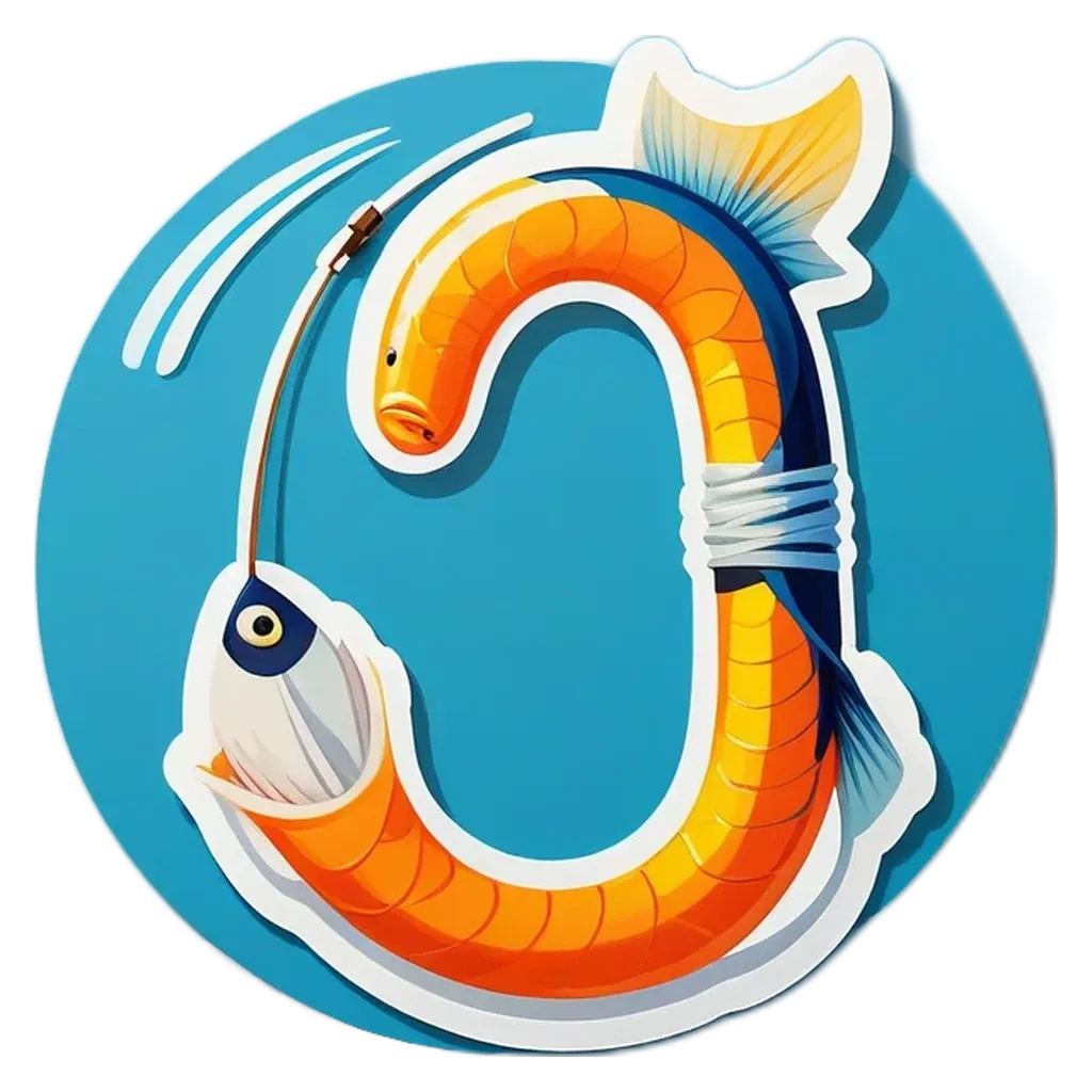 A blue and orange fish that is trying to eat a letter 'J'.