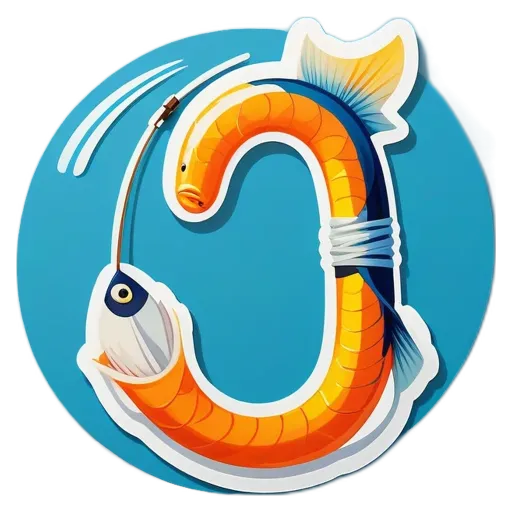 A blue and orange fish that is trying to eat a letter 'J'.