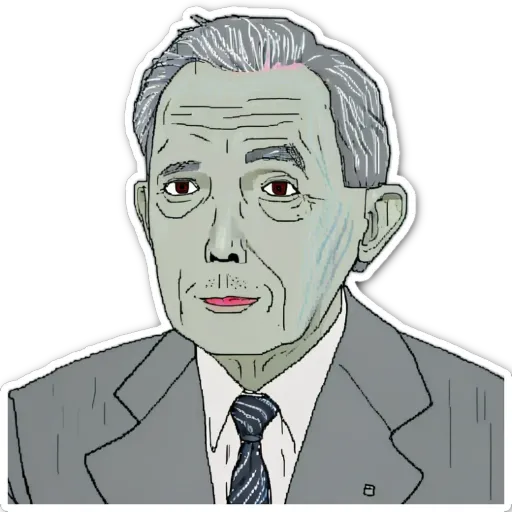 A sticker of an old man with gray hair and white face.