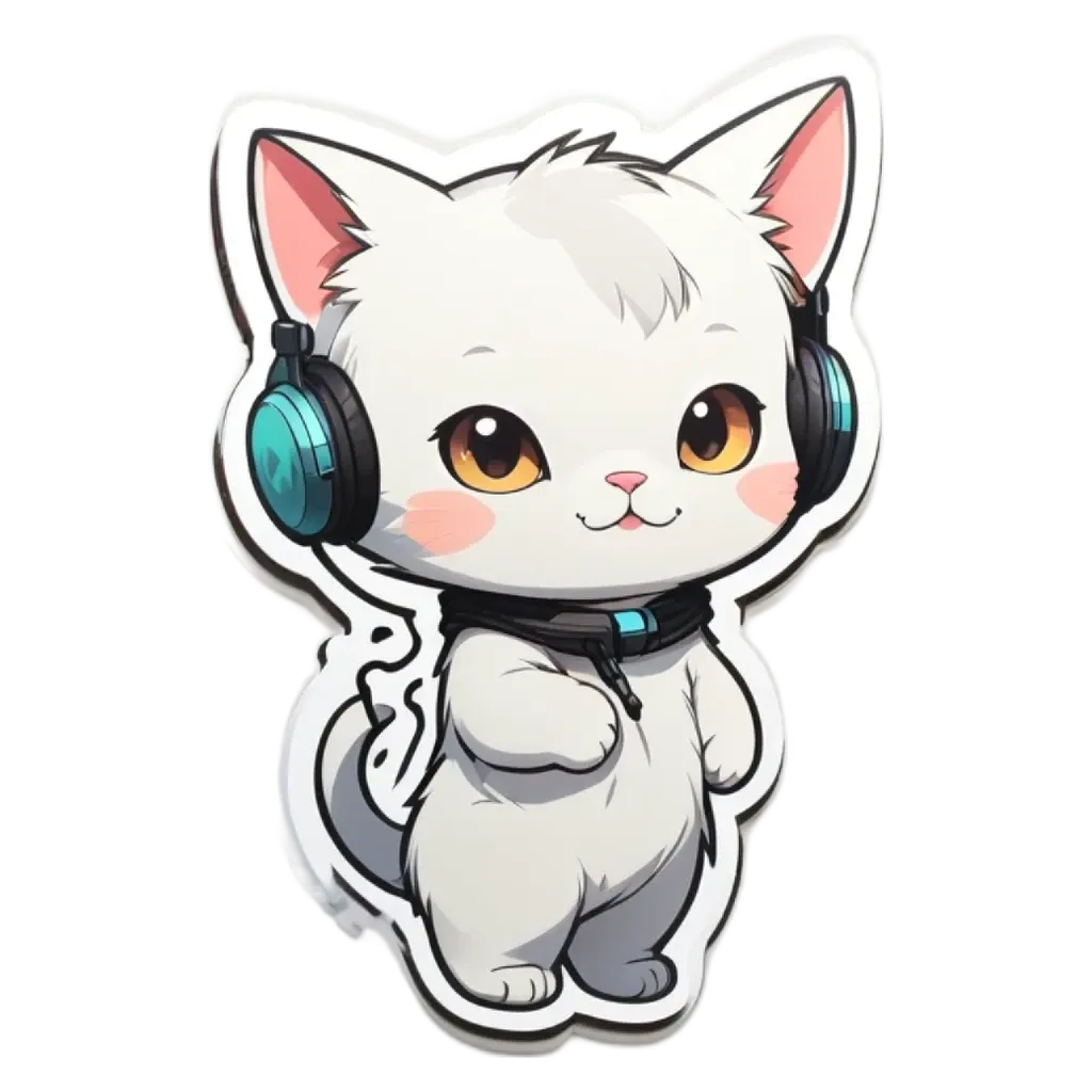 A cat wearing headphones and a collar is looking at the camera.