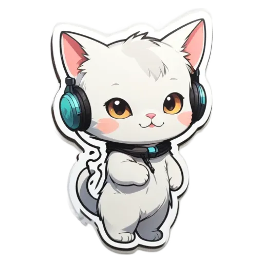 A cat wearing headphones and a collar is looking at the camera.