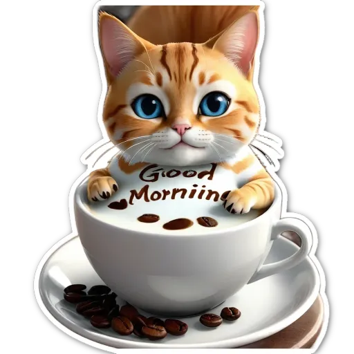A cat sitting inside a cup of coffee with the words Good Morning written on a saucer.