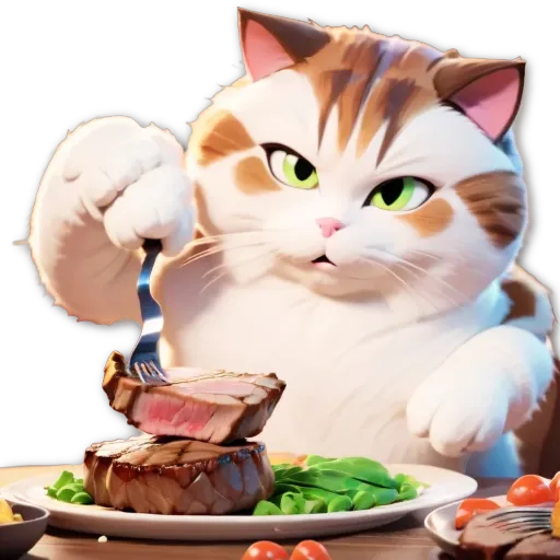 A cartoon depiction of a cat eating a steak.