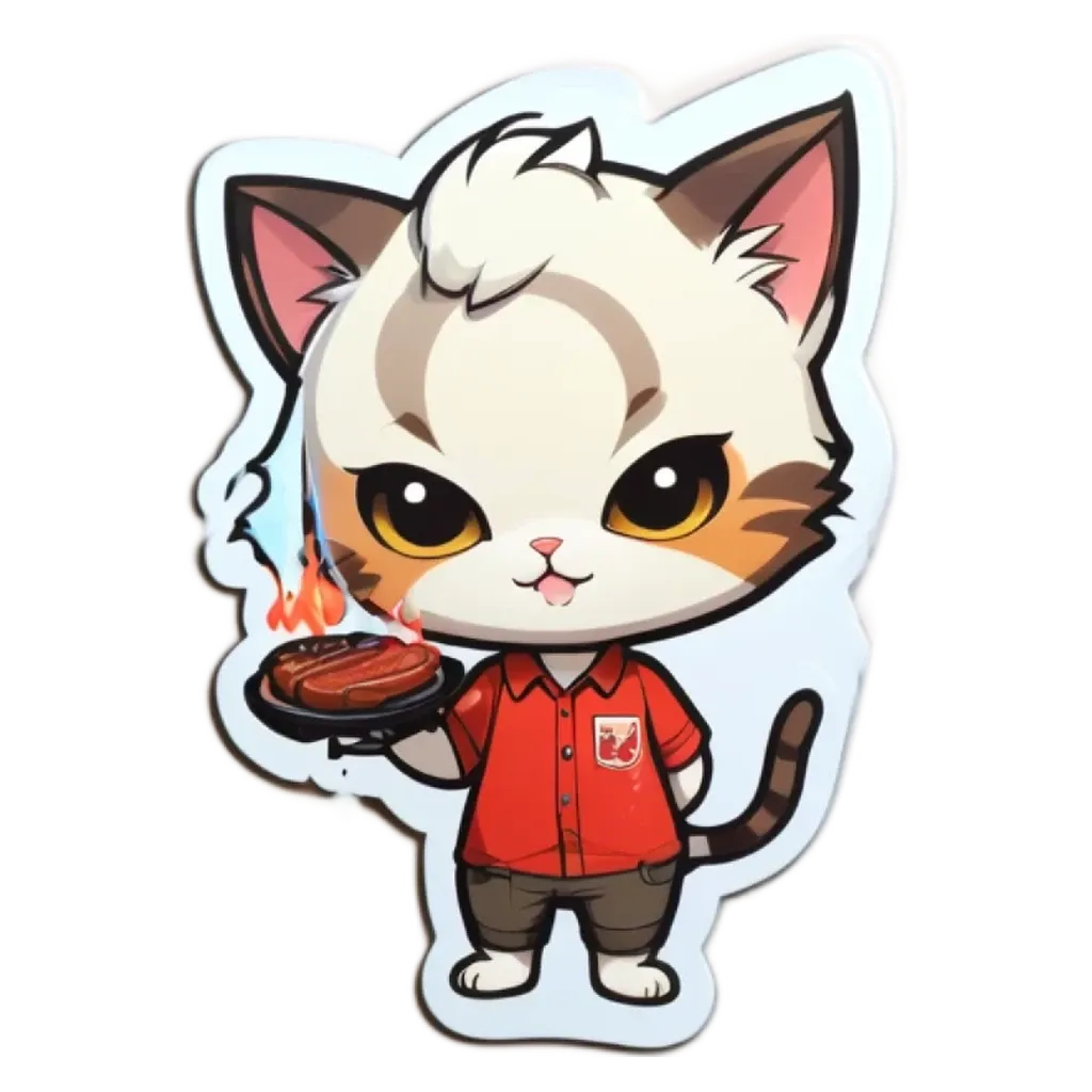 A cat wearing a red shirt is holding a steak.