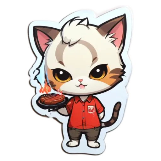A cat wearing a red shirt is holding a steak.