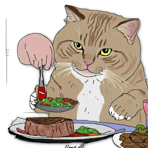 A cartoon depiction of a cat eating a meal.