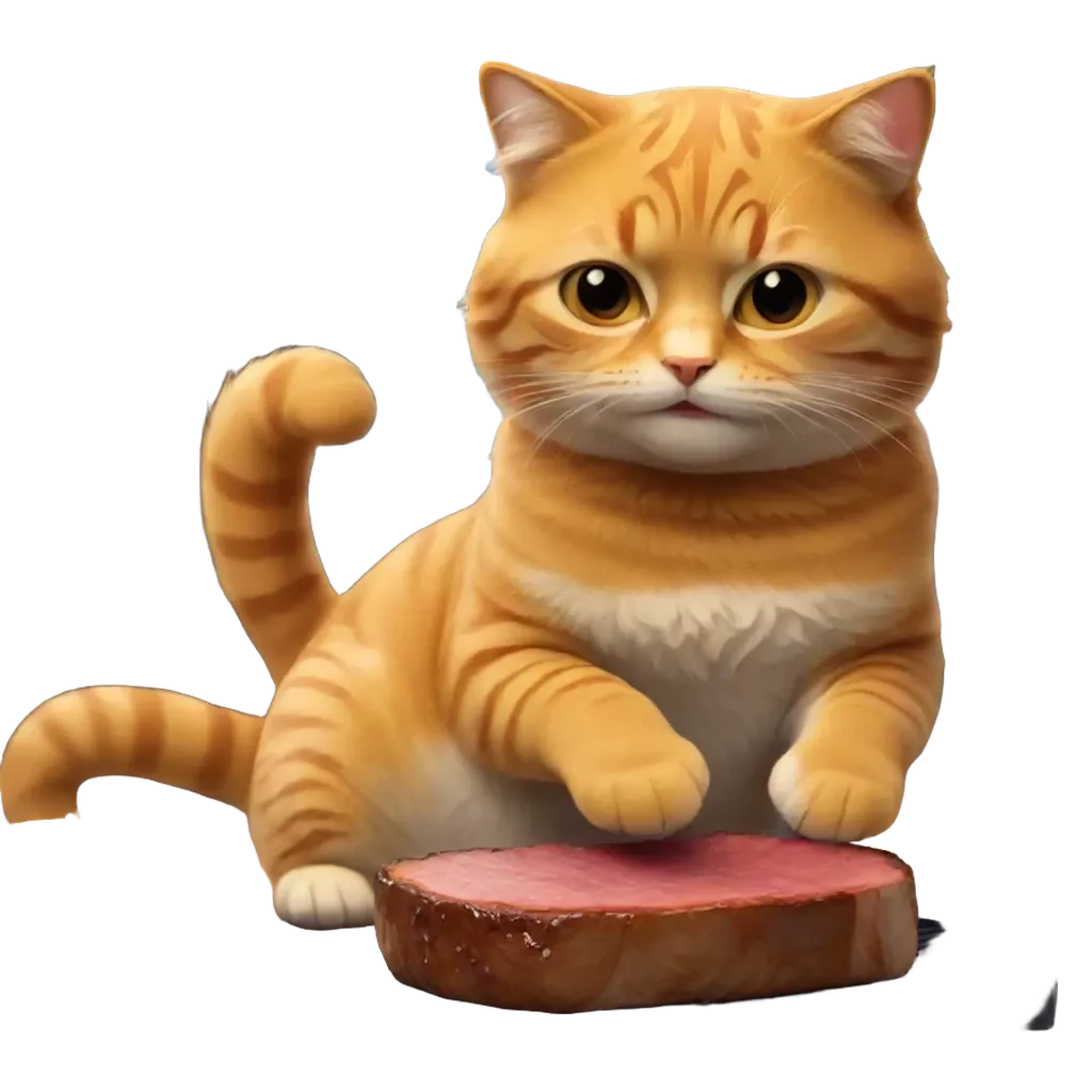 An app screen of an orange cat with a piece of meat on a black background.