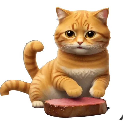 An app screen of an orange cat with a piece of meat on a black background.