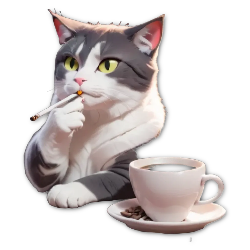 A cat with a cigarette and coffee mug.