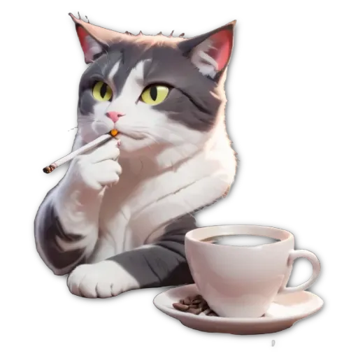 A cat with a cigarette and coffee mug.