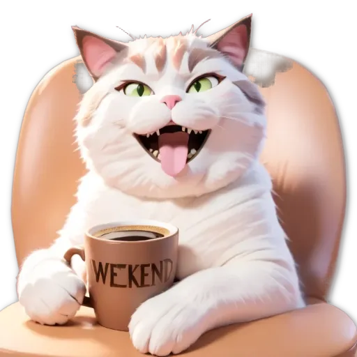 A cartoonish white cat sitting in a chair and drinking from a cup labeled 'weekend'.