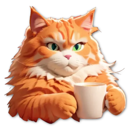 An angry orange cat holding a cup of coffee.