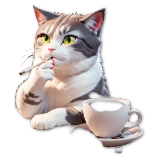 A cat with a cigarette and coffee cup.