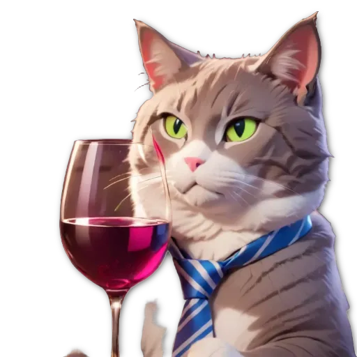 An animated cat wearing a tie and holding a glass of wine.
