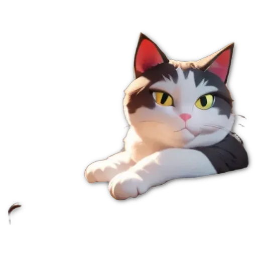 A cartoon cat with yellow eyes is lying on its back.