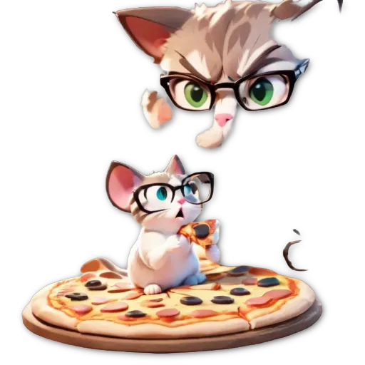 A cartoon of a cat wearing glasses and sitting on a pizza.