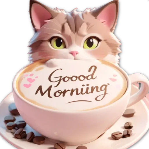 A cartoon of a cat holding a cup of coffee with the words Good Morning displayed.