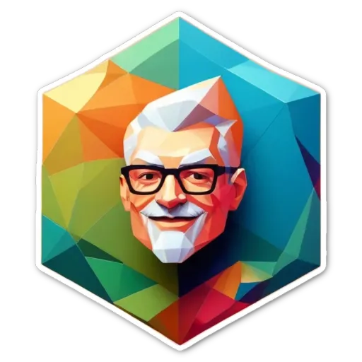A man with a logo in the shape of a hexagon with his face visible.