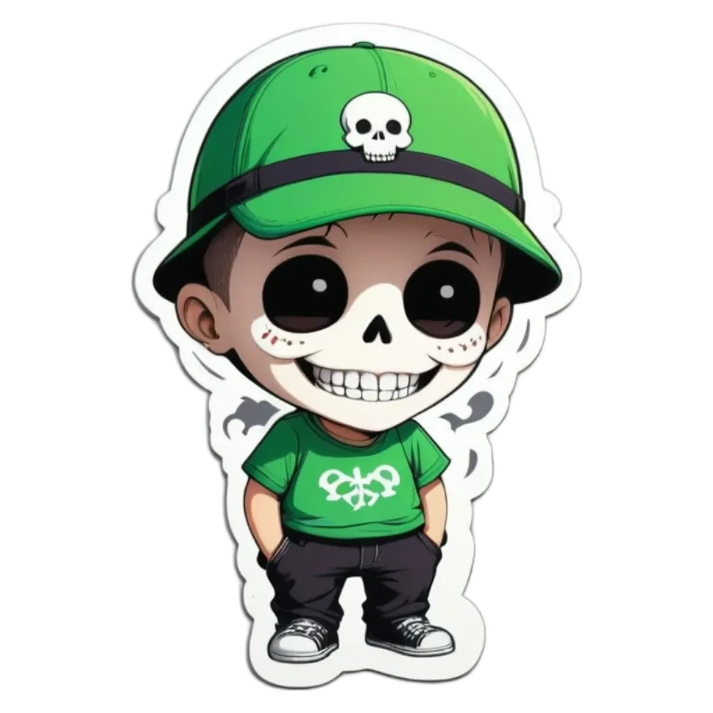 A boy in a hat and green shirt that has a skull and crossbones on the front.